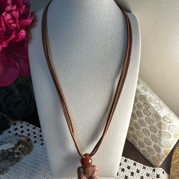 Coral Fossil Square Donut Pendant on Brown Two Tone Faux Leather Double Cord - Picture 6 of 11